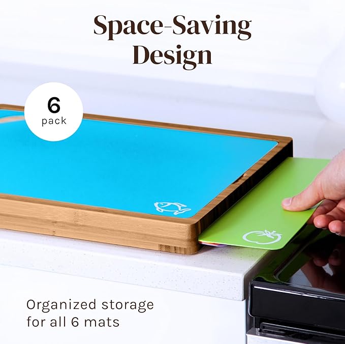 Cooler Kitchen Cutting Boards for Kitchen – Checkered Bamboo Cutting Board Set with 6 Color-Coded Flexible Chopping Mats, Easy Clean Wood and Dishwasher-Safe Plastic, Large 17×12, Knife-Friendly