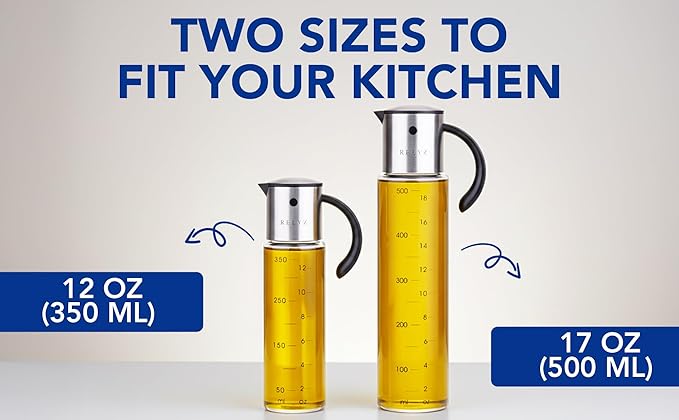 Large Olive Oil Dispenser Bottle, 17oz Glass Oil Dispenser for Kitchen with Drip-Free Stainless Steel Spout, Leak-Proof, with Measurement Markings for Cooking, Vinegar, & Soy Sauce - Dishwasher Safe