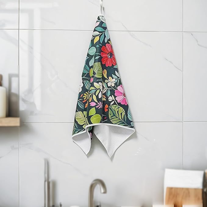 18” x 30” Highly Absorbent Kitchen Towels, Quick Dry Microfiber Tea Towel, Dish Towels for Kitchen Drying, Ultra Soft Premium Hand Towels (Flowers)