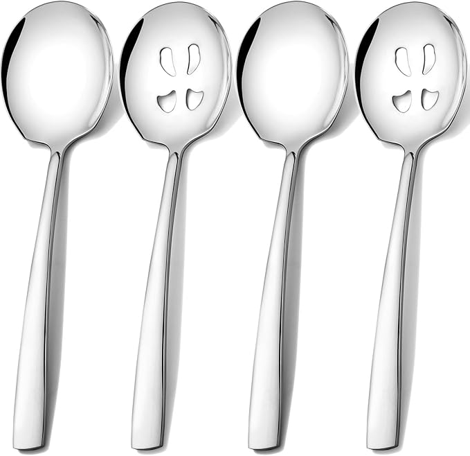 Stainless Steel Serving Spoons Set, 9.2-Inch Large Slotted Spoon x 2, Serving Spoon x 2, Big Serving Utensils Set for Buffet, Parties, Catering (2 Slotted & 2 Solid, Silver)