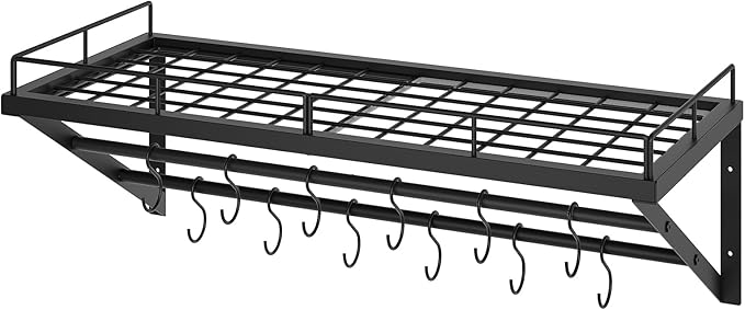 YATINEY Pot Rack, 30 Inch Wall Mounted Pot Rack, Kitchen Pot and Pan Organizer with 2 Tier Hanging Rails, 12 S-Hooks, Space Saving, for Kitchen Cookware Organizer, Black PR02BK