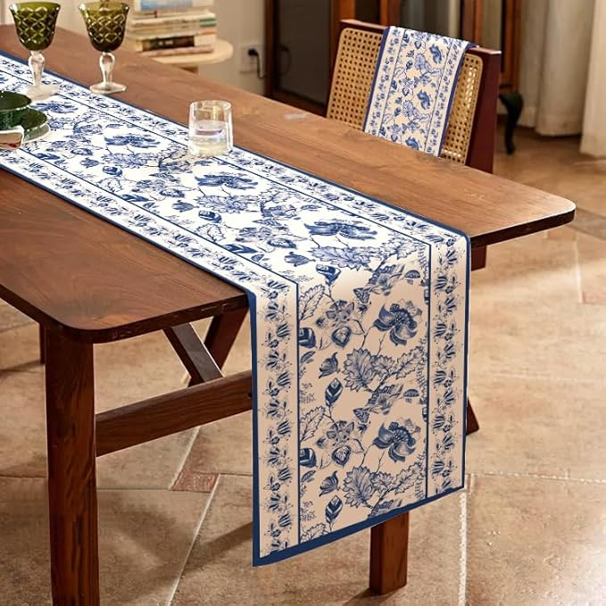WRAPAHOLIC Blue Floral Table Runner - 13 x 72 Inch - Seasonal Spring Summer Farmhouse Indoor Kitchen Anniversary Wedding Dining Table Decorations for Home Party