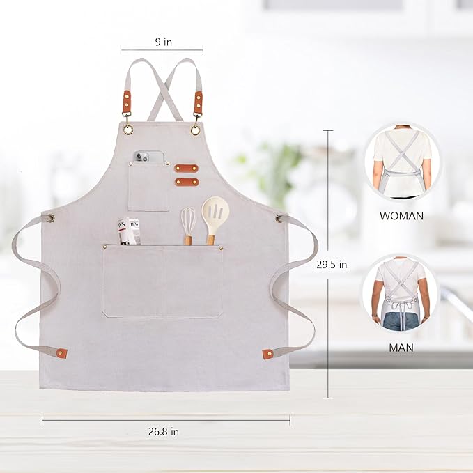 OUNLEN Chef Apron for Men Women Canvas Aprons with 3 Pockets Cross Back Resistant Work Apron for Cooking