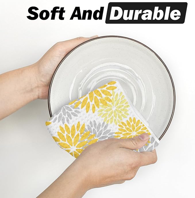 Artoid Mode Yellow Dahlia Floral Bar Kitchen Towels, 12x24 Inch Quick Dry Microfiber Cloth Dish Towels for Kitchen Drying Set of 2
