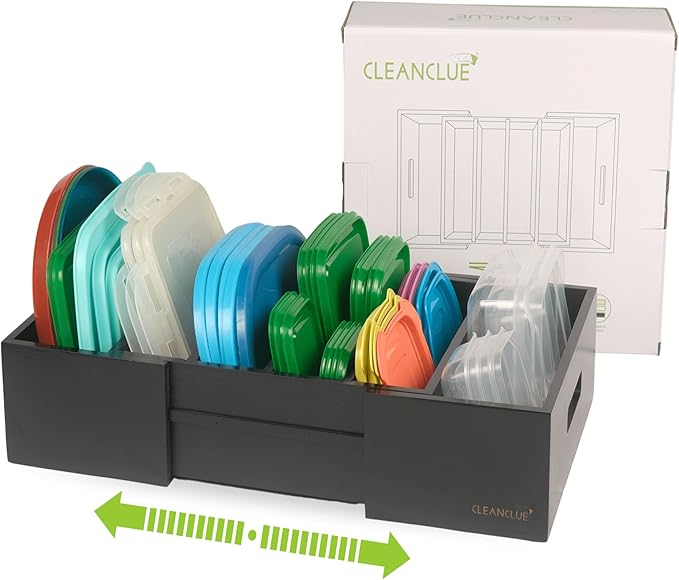 CLEANCLUE Expandable Kitchen Cabinet Organizer for Food Storage Container Lids, Bamboo Drawer Caddy Adjustable Dividers, Box for Kitchen Storage and Organization, Lids Organizer for Cabinet (Black)