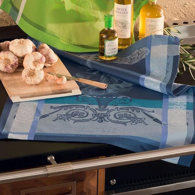 Garnier Thiebaut Ail Blue (Blue Garlic) French Kitchen Towel 22"x30", Cotton, Jacquard