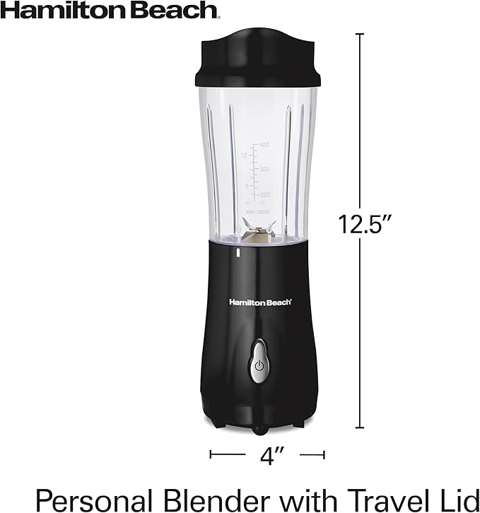 Hamilton Beach Portable for Shakes and Smoothies, 14 Oz BPA Free Travel Cup & Lid, Durable Stainless Steel Blades, Personal Smoothie, Black (51101AG)