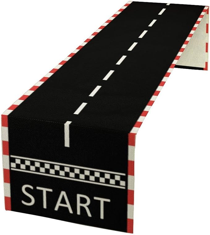 Racetrack Table Runner Racing Theme Art Printed Runner for Home Kitchen Birthday Party Dining Table Living Room Decor Fabric 1 Panel W13xL90in
