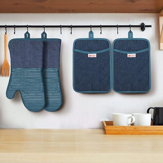 Yutat Oven Mitts, Pot Holders Set of 4 Made with Pure Cotton and Food Grade Non-Slip Silicone - 500 F Heat Resistant Oven Mitts and Pot Holders Sets for Kitchen Cooking (4pcs Set, Pc Blue and Denim)