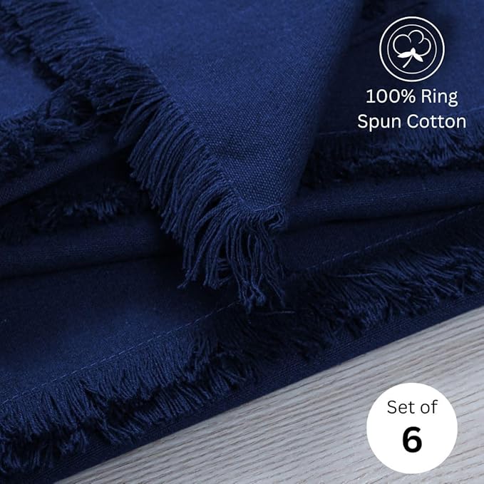 Cloth Dinner Napkins with Fringes 20x20 Inch 100% Cotton Set of 6 - for Dining Special Occasions Wedding Holidays Easter - Soft Durable Washable - Elegant Table Cloth Napkins Navy Blue