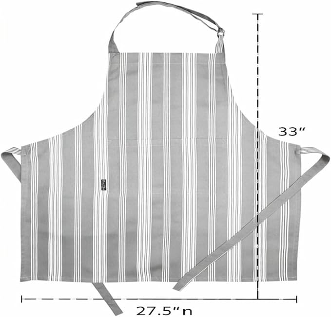 AMOUR INFINI Cotton Striped Aprons for Women with Pockets - Adjustable Strap and Waist Ties Printed Apron for Baking, Cooking, Gardening (27.5 x 33 Inches - Gray)