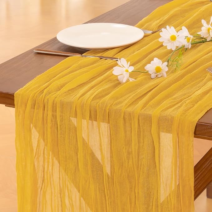Socomi 3pcs Gold Yellow Easter Spring Cheesecloth Table Runner Boho Rustic Gauze 120 inch 10FT Cheese Cloth Runner for Wedding Party Baby Shower Birthday Home Decor Holiday Decorations