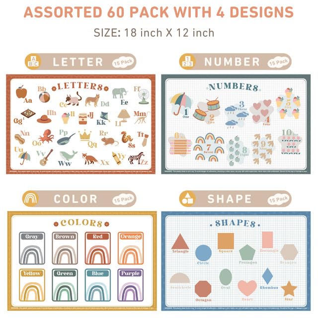 Babebay Disposable Placemats for Baby, 60 Pack Sticky Toddler Placemat for Restaurants, Dining Table, Party, Travel, 12" x 18" with 4 Designs