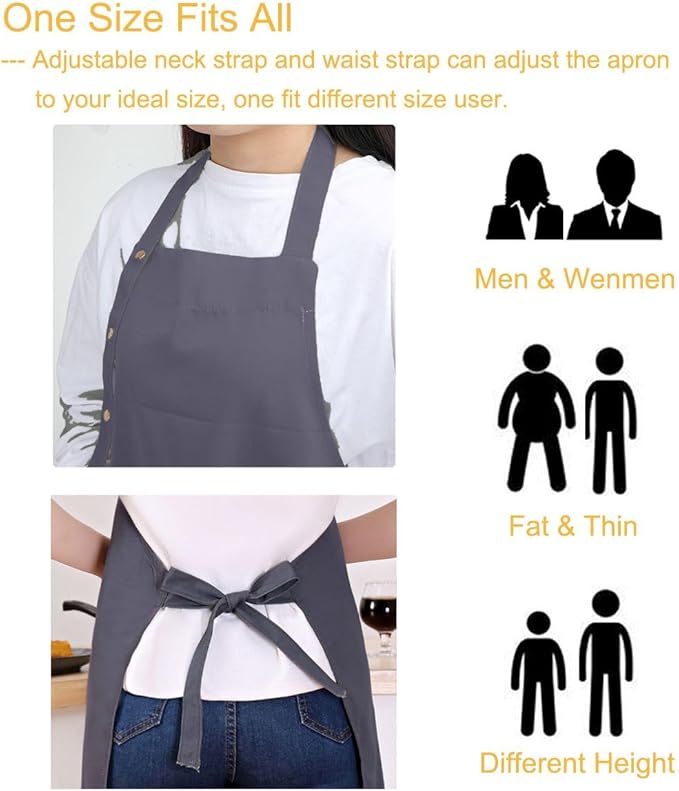 Kitchen Cooking Apron for Women Men with Big Pockets Canvas Waterproof Aprons for Server Pottery Artist Chef Apron