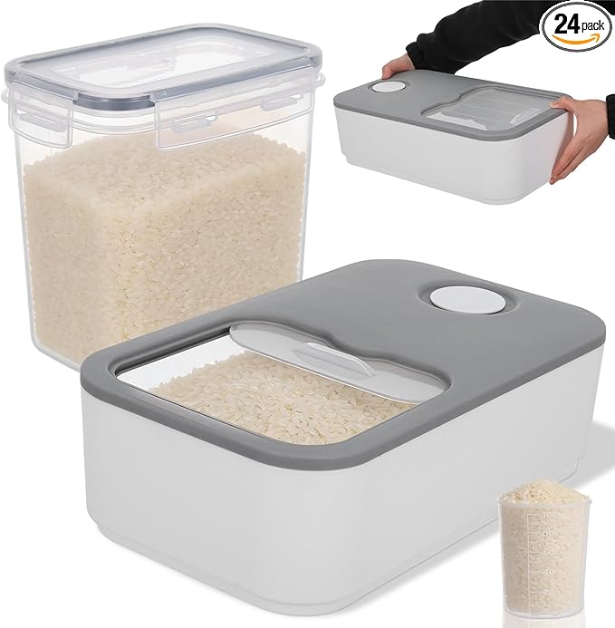 Rice Storage Container Set, 11 Lbs Plastic Airtight Rice Dispenser with Measuring Cup Dry Food Pantry Organizer Storage Bucket Box with Lid Food Container Kitchen Organizer for Grain Cereal
