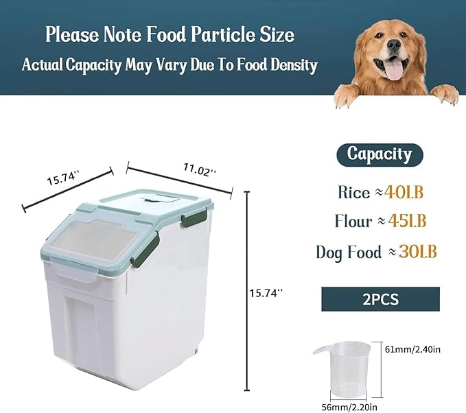 Saim Large Flour Storage Bin, 50lb Rice Storage Container with Lid, Measuring Cup & Scoop, BPA Free Plastic Rice Dispenser for Flour, Rice, Dog Food for Kitchen Pantry Organization (2 Pack Green)
