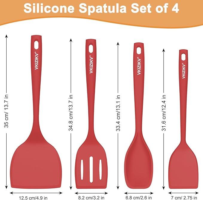 Silicone Spatula Turner Set, 4 Pack, 600°F Heat Resistant Cooking Spatulas, Spoons, BPA Free & Non-Stick Kitchen Utensils, Ideal for Flipping Egg, Pancake, and Serving, Dishwasher Safe (Red)