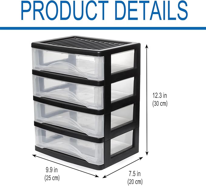 BYCY 4-Drawer Clear Stacking Desktop Organizer for Office Supplies Small Business Organization, Stackable Storage Drawers Plastic Storage Bins For Kitchen Cabinets, Pantry, Home Organization