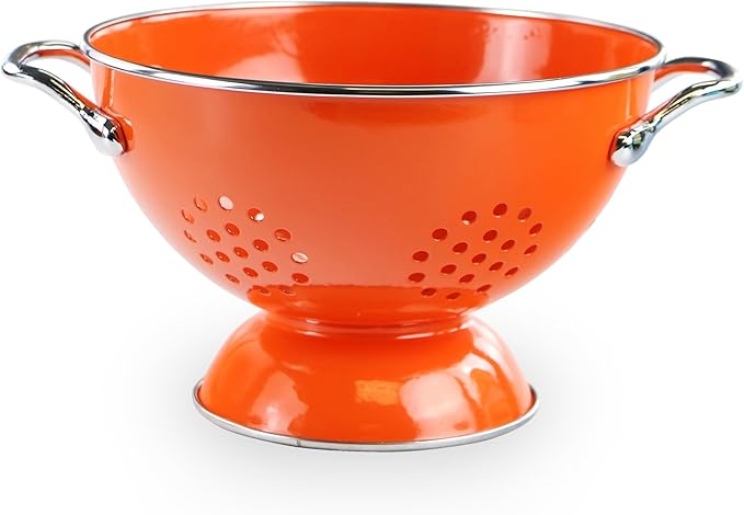 Reston Lloyd, 1.5 Quart Powder Coated Steel Kitchen Strainer Basket for draining Pasta, Vegetable and Fruit, Chrome Handles and Wide Stable Base, Orange
