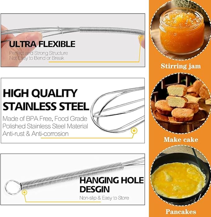 Stainless Steel Mini Whisk Set of 2, Small Wire Hand Whisks, Kitchen Cookware for Cooking, Whisking, Blending, Beating, 5/7/8/10 inch
