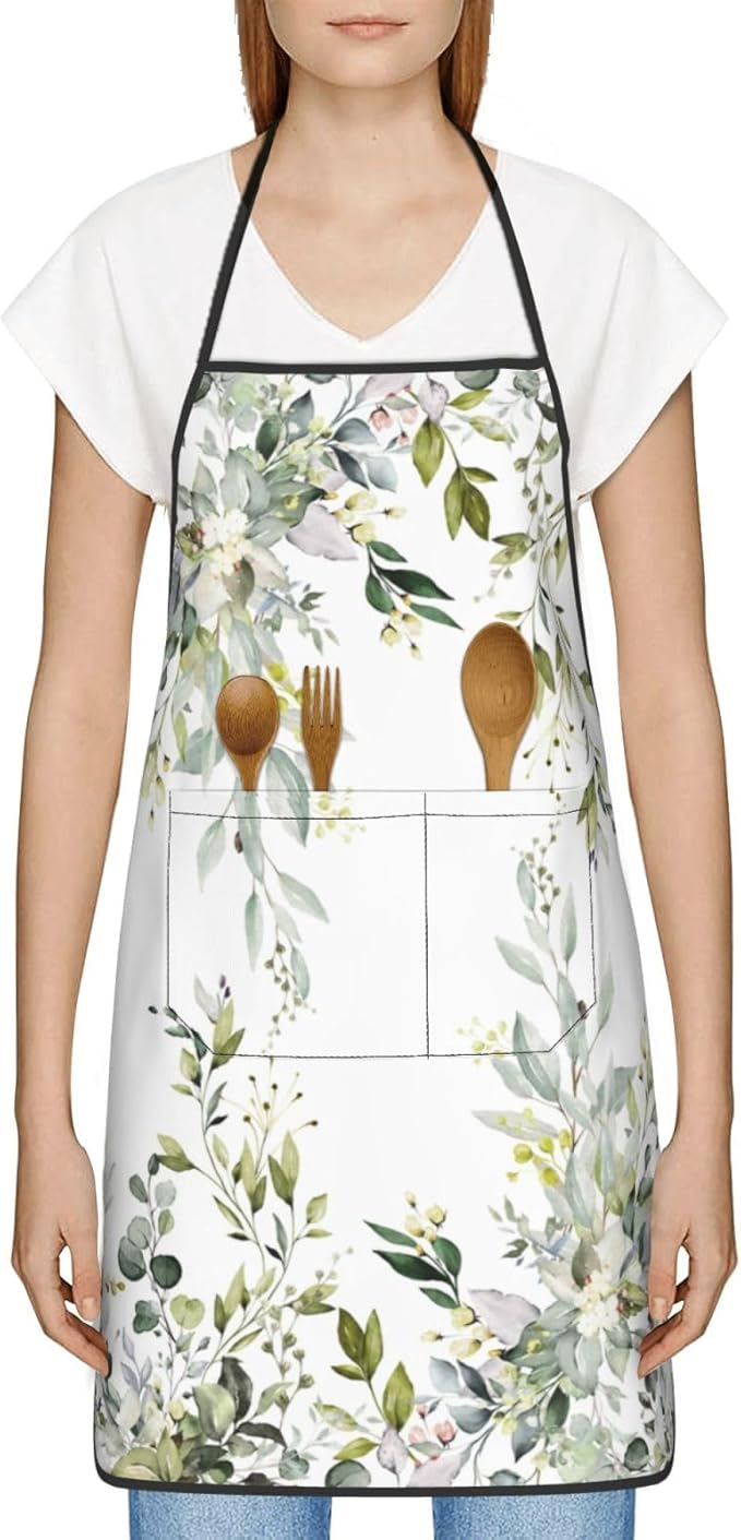 Sage Green Eucalyptus Oven Mitts Watercolor Butterfly Leaves Pot Holders Cooking Apron Set of 5 Silicone Kitchen Glove Apron Non-Slip Heat Resistant for Chef Baking Cooking Grilling BBQ