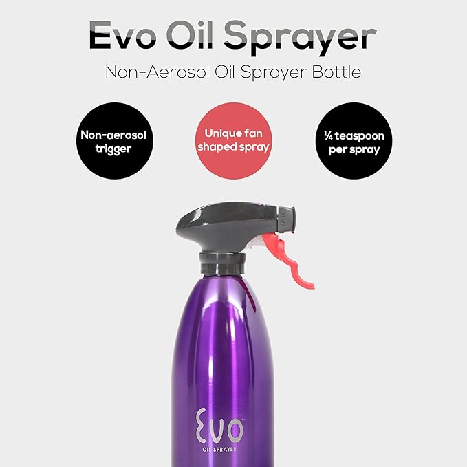 Evo Oil Sprayer 18/8 Stainless Steel, Non-Aerosol for Olive, Cooking Oils, and Vinegars, Purple, 16-Ounce Capacity