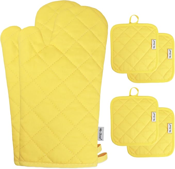 Oven Mitts and Pot Holders Sets,6 Pcs Oven Mitts and Potholders with Recycled Cotton High Heat Resistant Extra Thick Long Oven Mitts for Cooking(Yellow)