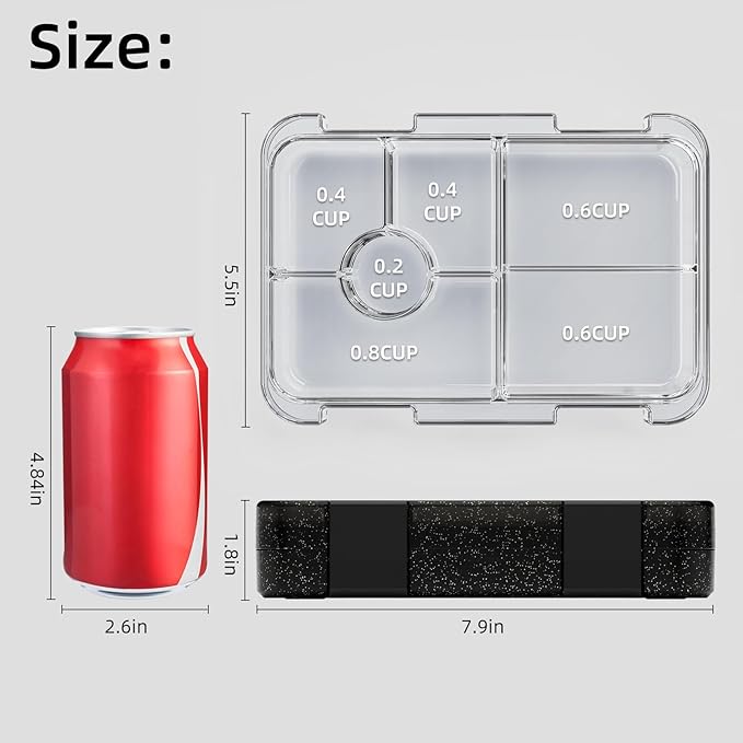 Bento Lunch Box for Kids, Plastic Lunch Box Case, 5/6 Tritan Compartments, BPA free, deal Portion Sizes for On-the-Go Meal, Shiny Black and Clear