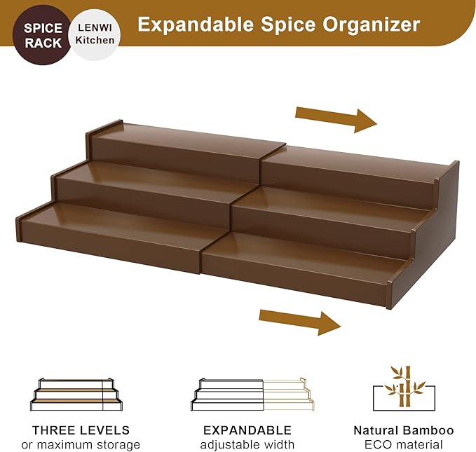 Lenwi Spice Rack Organizer for Cabinet 2 Pack, 3 Tier Expandable Bamboo Spice Storage for Kitchen Cupboard Pantry, Brown