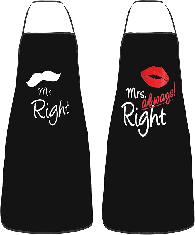2Pcs Mr Right Mrs Always Right Aprons - Funny Cooking Kitchen Aprons for Women Men Chef - Waterdrop Resistant Wedding Gift for Couple - Valentine's Day, Bridal Engagement Present