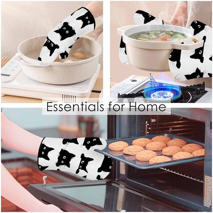 Black Cats Oven Mitts and Pot Holders Sets Bright Eyes Lovely Action Collection Heat Resistant 3pcs for Cooking Baking BBQ
