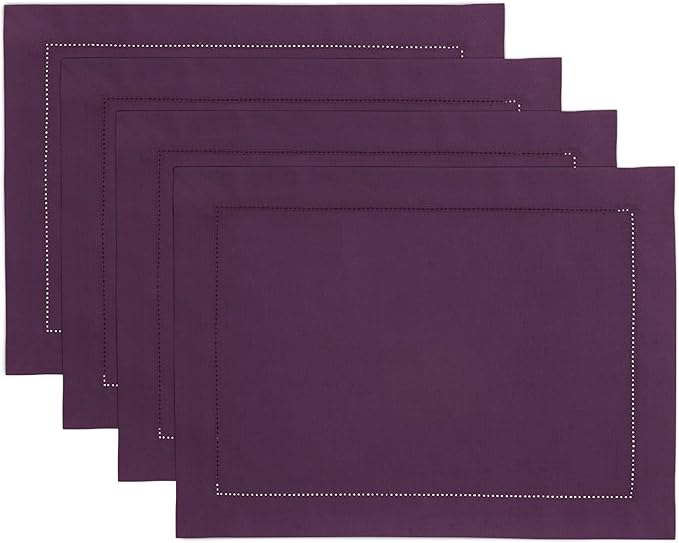 Solino Home Purple Placemats Set of 4 - Cotton Linen Hemstitch Placemats 14 x 19 Inch for Mothers Day