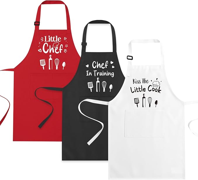 3 Pack Kids Apron for Cooking Adjustable Kids Chef Kitchen Funny Aprons with Pockets for Boys Girls Painting Baking