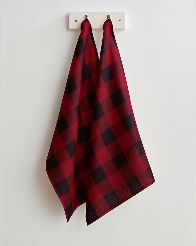 Solino Home Linen Kitchen Towels Set of 2 - Red and Black 16.5 x 26.5 Inch - 100% Pure Linen Buffalo Check Kitchen/Tea Towels - Machine Washable and Handcrafted from European Flax