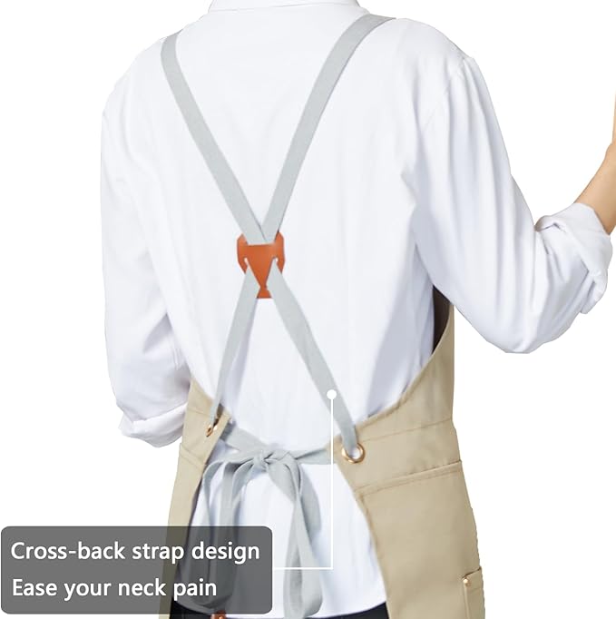 KITCHIEF Pottery Apron Split Leg,Cross Back Chef Apron with Pockets,Painting Apron with Adjustable Straps for Cooking,Baking,BBQ,Ceramic,Gardening(Khaki)