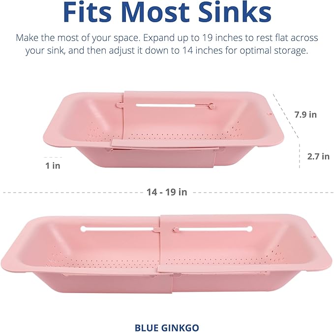 BLUE GINKGO Over the Sink Colander Strainer Basket - Wash Vegetables and Fruits, Drain Cooked Pasta and Dry Dishes - Extendable - New Home Kitchen Essentials (Pink, 2 Pack)