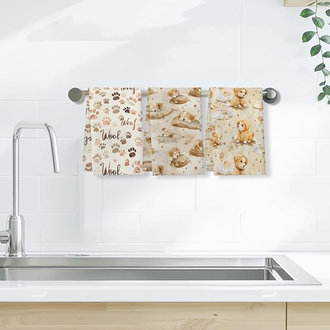3 Pcs Adorable Dog Portrait Kitchen Towels, Watercolor Decorative Absorbent Microfiber Dish Cloth Tea Towel, Vintage Waffle Soft Hand Towels for Kitchen Home Bathroom, Dog Lover Gifts