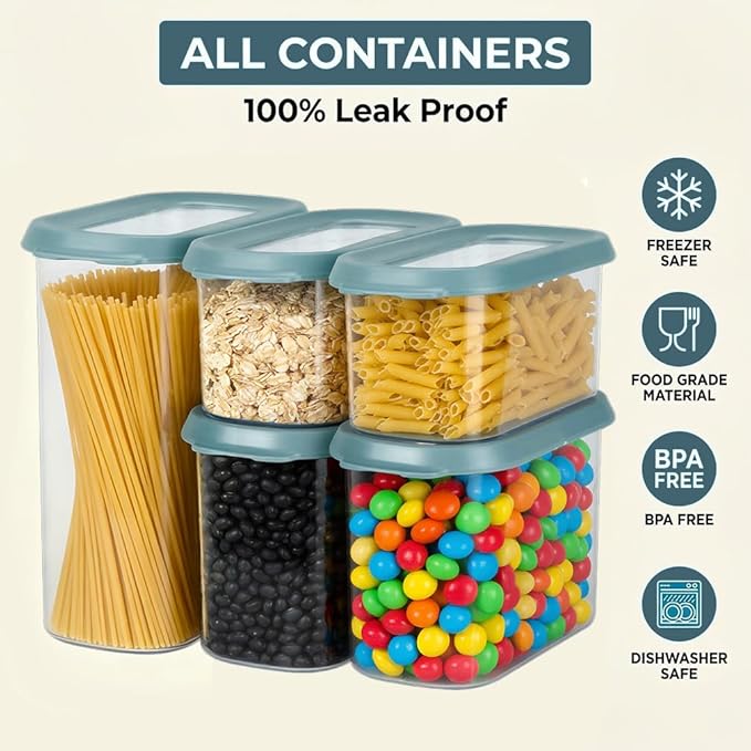 OMIO 5-Piece Airtight Food Storage Containers Set | BPA-Free Plastic Canisters with Easy Snap Lids for Dry Food, Pantry, Kitchen | Organize Cereal, Grains, Snacks, Flour, Sugar