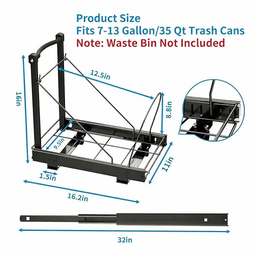 Adjustable Under Cabinet Trash Can Organizer with Soft Close Rail - Heavy Duty Black Steel Under Sink Pull-Out Organizer, Fits 7-13 Gallon, Up to 125 lbs Capacity (Trash Can Not Included)