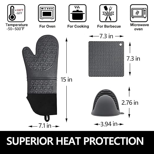 Silicone Oven Mitts and Pot Holders Sets, MTZRFLL Extra Long Heat Resistant Oven Gloves with Hot Pads and Mini Oven Mits Set for Kitchen Cooking Baking, Soft Quilted Lining, Pack of 6 (Gray)