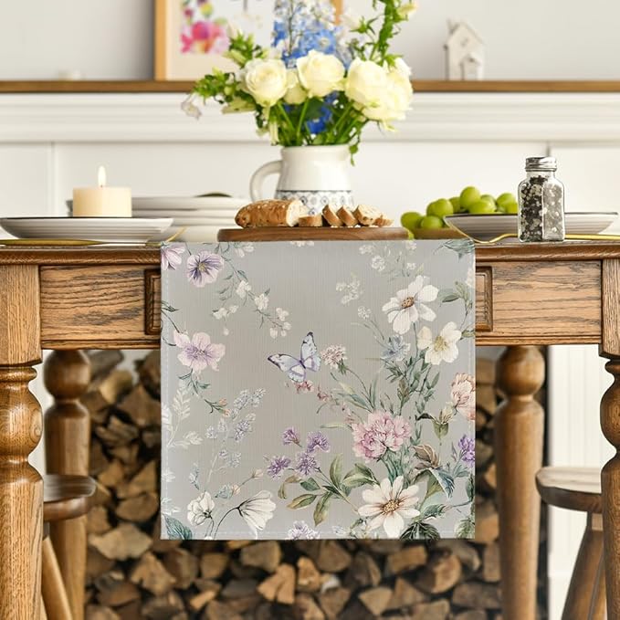 Artoid Mode Floral Wildflower Leaf 210 GSM Spring Table Runner, Seasonal Summer Kitchen Dining Table Decoration for Home Party Decor 13x72 Inch