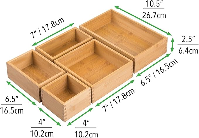 mDesign Bamboo Wood Kitchen Cabinet Drawer Organizer Tray Bins - Multipurpose - Use in Drawers, on Countertops, Shelves or in Pantry - Varied Sizes - Echo Collection - Set of 5 - Natural