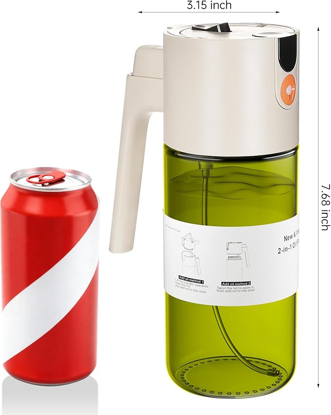 OURCABECUE Upgrade 2 in 1 Oil Sprayer for Cooking, 17oz Light-Blocking Glass Olive Oil Dispenser Bottle for Kitchen,Food-Grade Oil Mister with 8 Stickers for Salad, Frying (Green Bottle-White Gap)