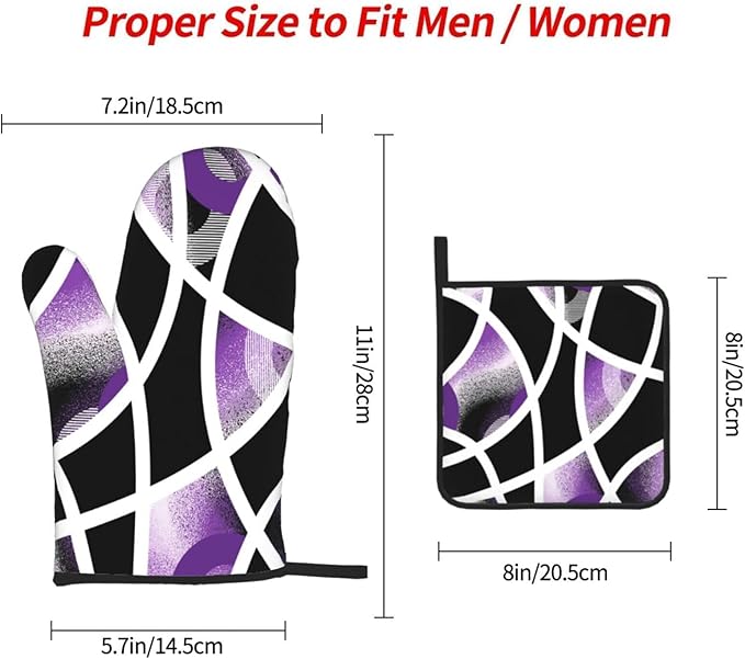 3-Piece Purple Black Abstract Geometric Oven Mitts and Pot Holders Set, Heat Resistant Modern Art Kitchen Gloves Hot Pads for Baking Cooking Grilling, Chef Gifts for Cooking Lovers, Home Decor, Purple