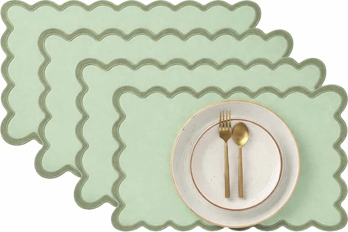 Folkulture Placemats Set of 4 (13 x 19) |100% Cotton, Green Cute Placemats for Dining Table Decor, Party Decorations | Scalloped Place Mats or Heat Resistant Table Mats