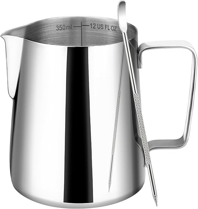 Amrules Milk Frothing Pitcher, 12oz Milk Frother Cup with Clear Scale, 304 Stainless Steel Cappuccino Espresso Machine Accessories for Barista Coffee Bar with Latte Art Pen, Silver