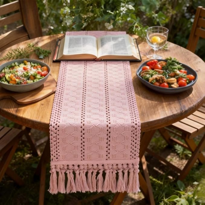 Socomi Boho Table Runner Easter Spring Farmhouse Rustic Dining Kitchen Centerpiece Decor Small Macrame Woven Cotton Linen Coffee Table Runner for Dresser Scarf Home Decor 12x60 in Pink