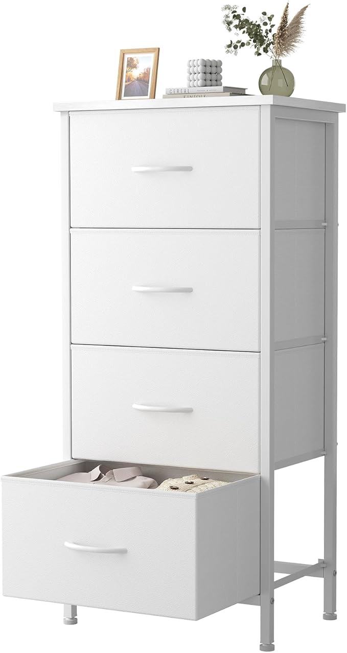 Sweetcrispy 4 Fabric Drawer Small Dresser, Bedside Nightstand with Wooden Top Sturdy Frame, Entryway Closet Bedroom Storage Cabinet Furniture for Dorm,White
