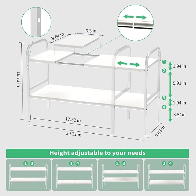 Expandable 2-Tier Under Sink Organizer, 8 Removable Plastic Boards, Tool-Free Installation (White, 2-Tier 8 Boards)