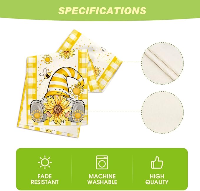 Artoid Mode Yellow Buffalo Plaid Sunflower Gnome Bee Summer Table Runner, Spring Kitchen Dining Table Decoration for Home Party Decor 13x72 Inch